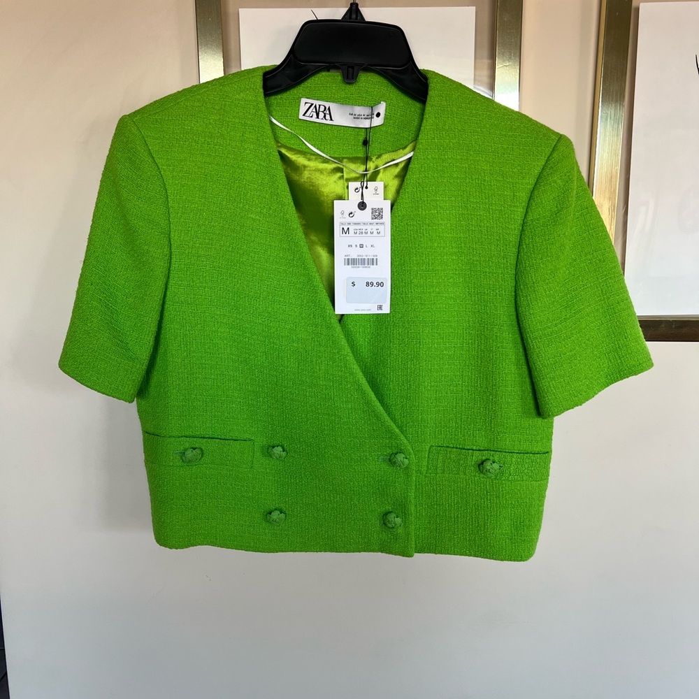 Zara green tweed cropped blazer
